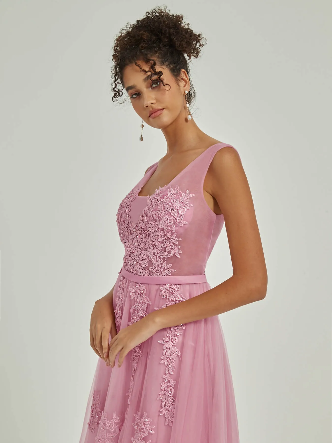 [Final Sale] Mauve Tulle Lace Sheer V-Neck Sleeveless Backless Bridesmaid Dresses