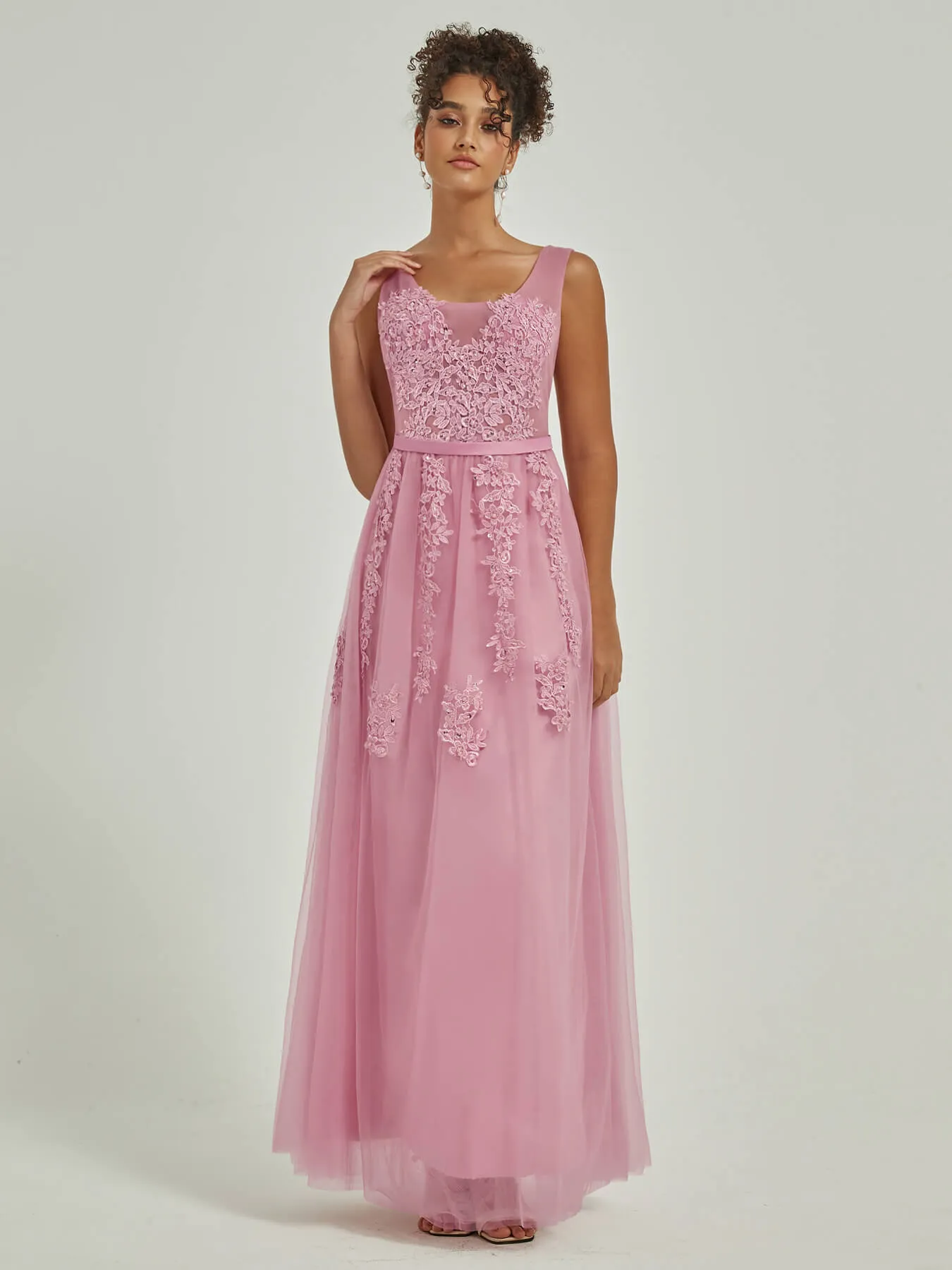 [Final Sale] Mauve Tulle Lace Sheer V-Neck Sleeveless Backless Bridesmaid Dresses