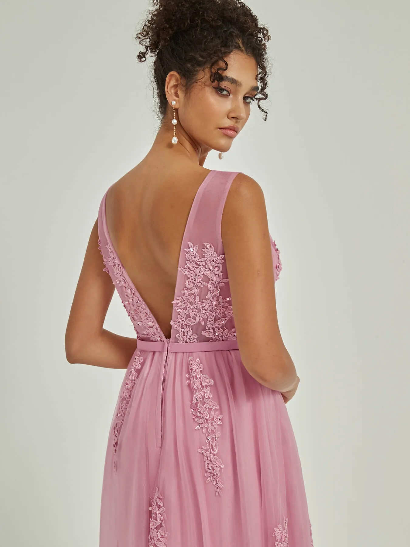 [Final Sale] Mauve Tulle Lace Sheer V-Neck Sleeveless Backless Bridesmaid Dresses
