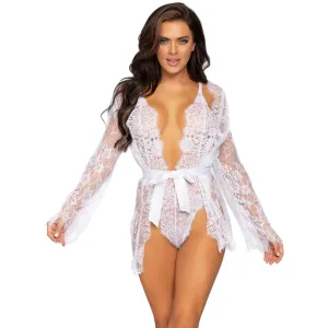 Floral Lace Teddy with Adjustable Straps and Cheeky Thong Back Matching Lace Robe with Scalloped Trim and Satin Tie White