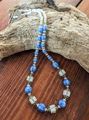 French Blue Woven Bead Necklace with Vintage Silk Glass Beads