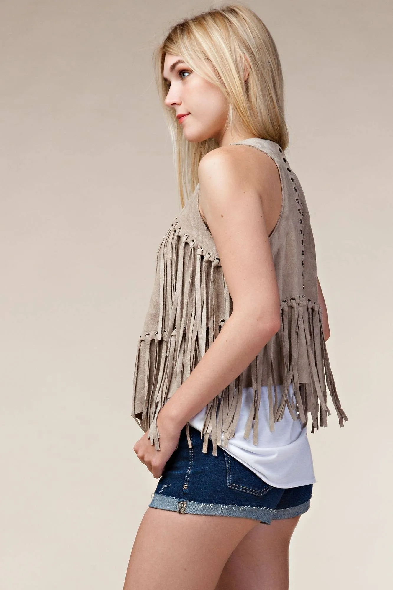 Fringe Vest with Eyelets: Camel / XL