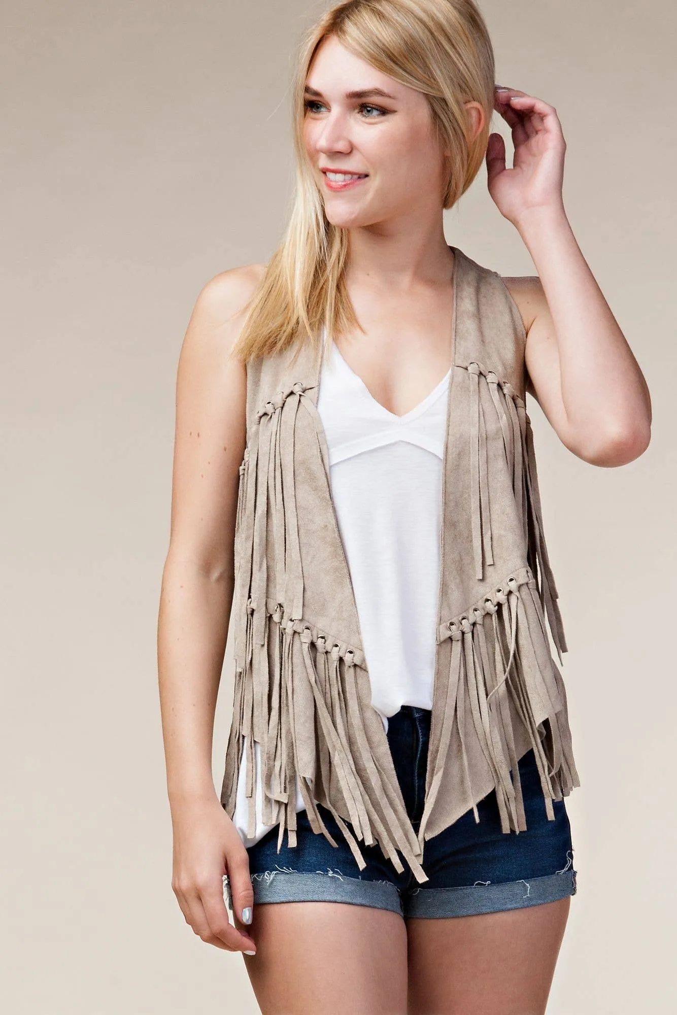 Fringe Vest with Eyelets: Camel / XL