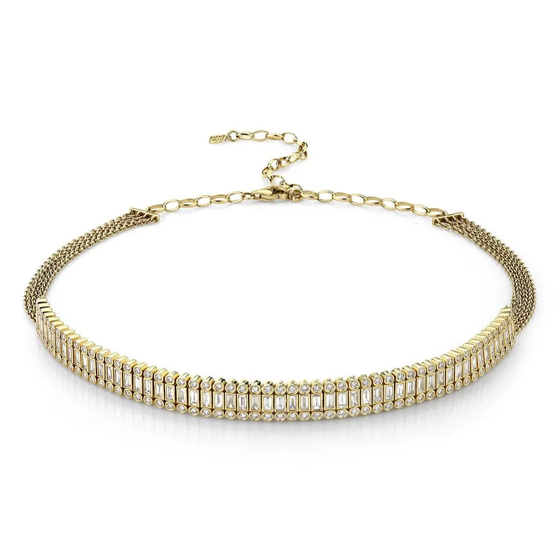 Gold & Diamond Stacked Baguette and Round Bezel Choker