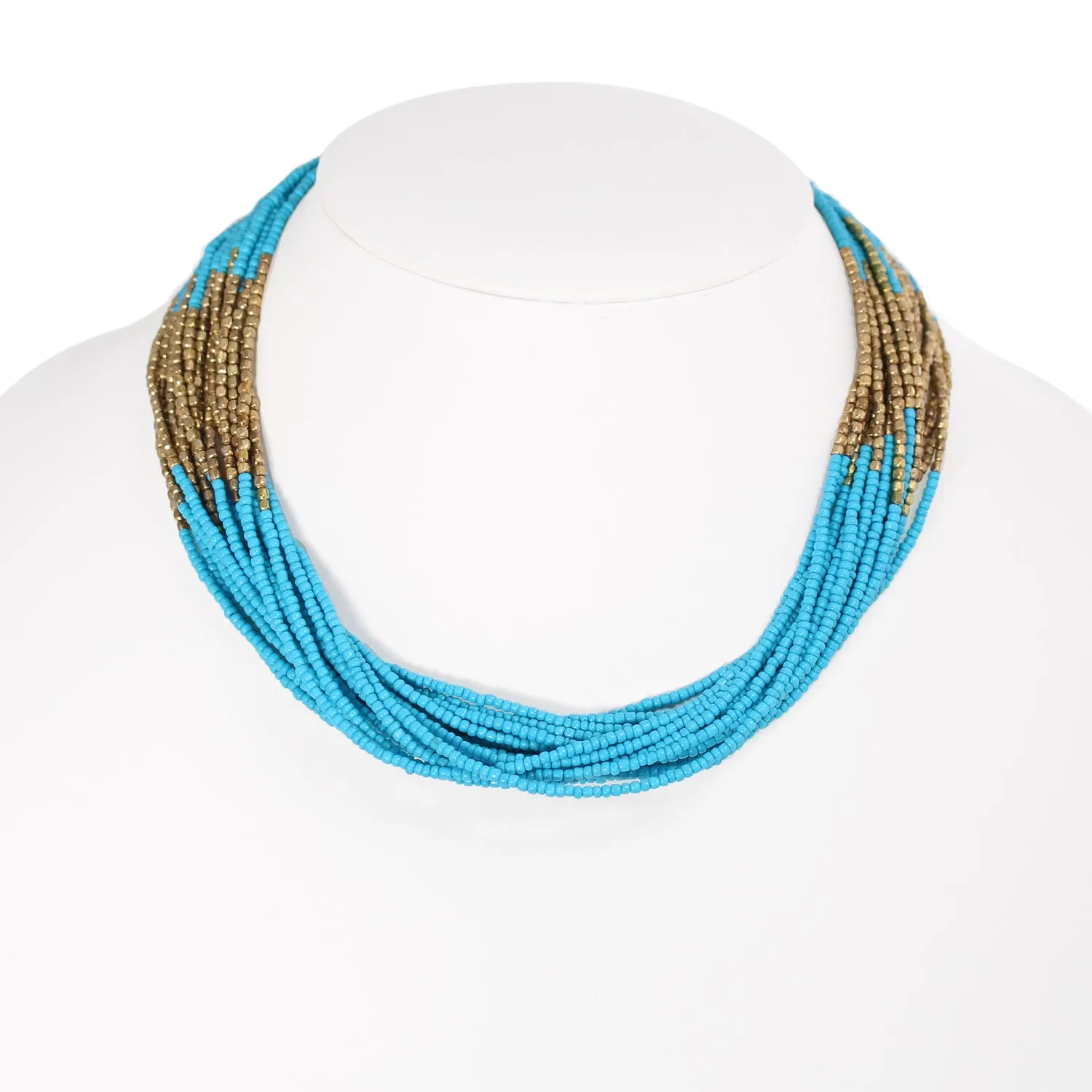 GOLD AND TURQUOISE SEED BEADS LAYERED NECKLACES #KBI-NL-K1829 TQ (QF2/QF3)