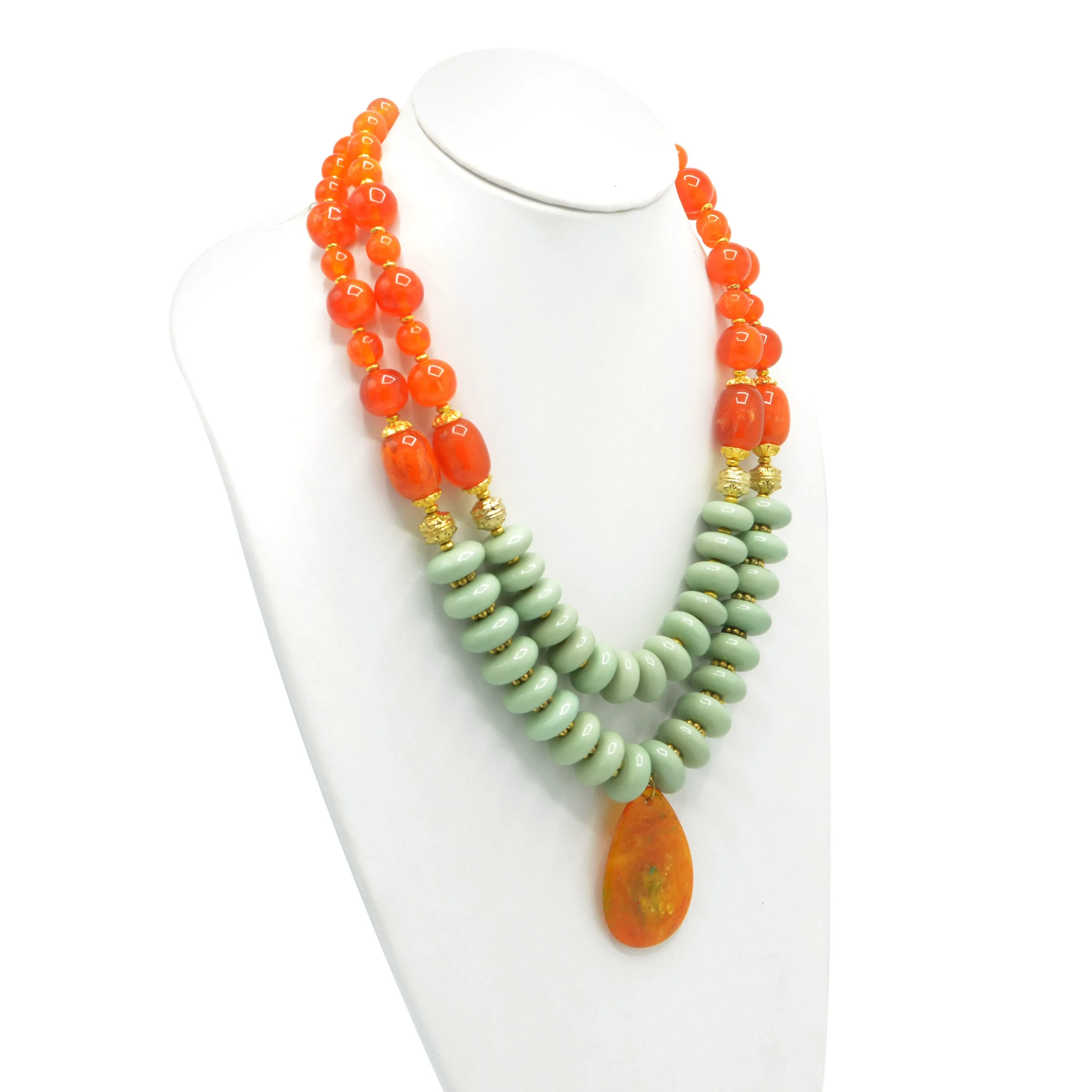 GOLD TURQUOISE AND ORANGE BEADS TEARDROP PENDANT NECKLACE #FWNK-1803-124