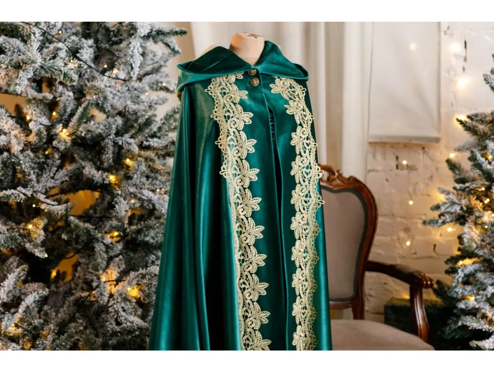 Green velvet fantasy cape with laces