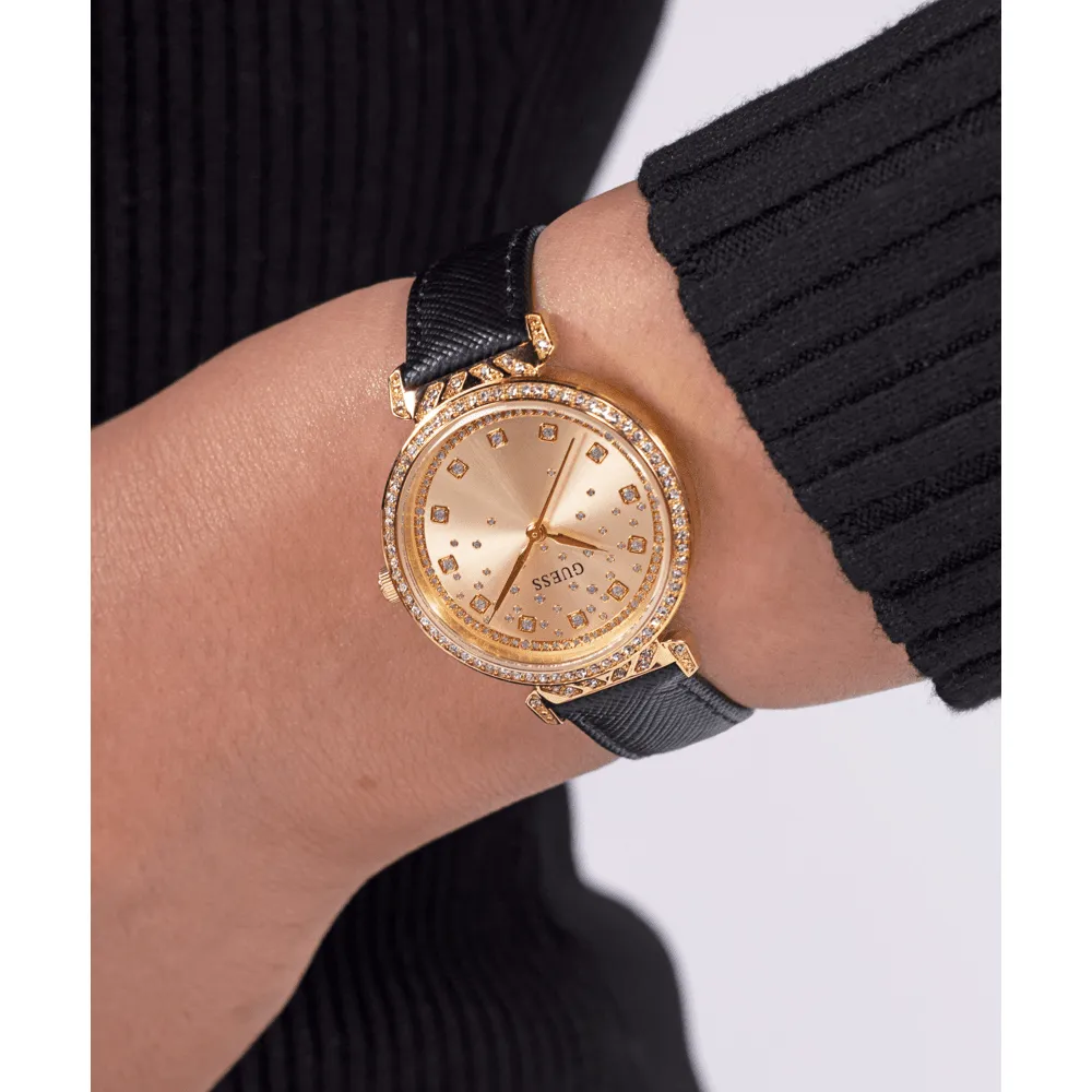 Guess Bejeweled Enchantment Bejeweled Gold-Tone Black Leather Women's Watch GW0764L2
