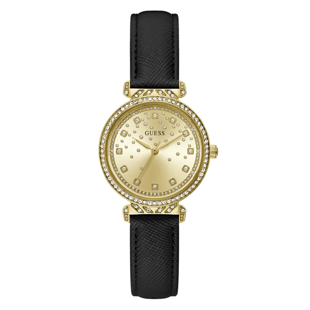 Guess Bejeweled Enchantment Bejeweled Gold-Tone Black Leather Women's Watch GW0764L2