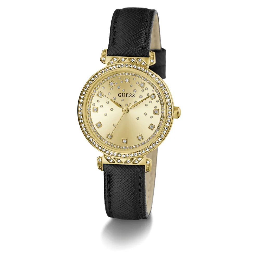 Guess Bejeweled Enchantment Bejeweled Gold-Tone Black Leather Women's Watch GW0764L2