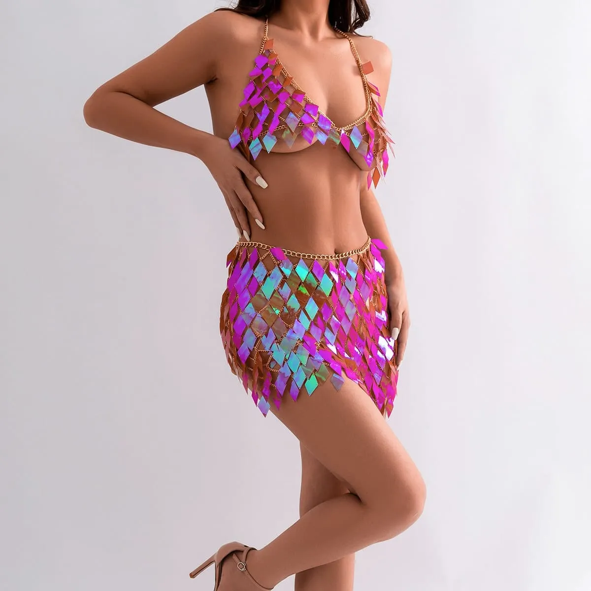Handmade Colorful Rhombic Squamous Backless Sequin Bra