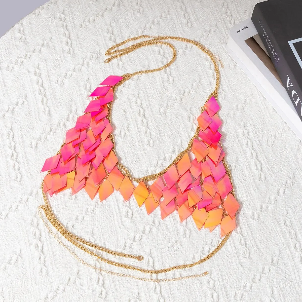Handmade Orange Rhombic Squamous Backless Sequin Bra
