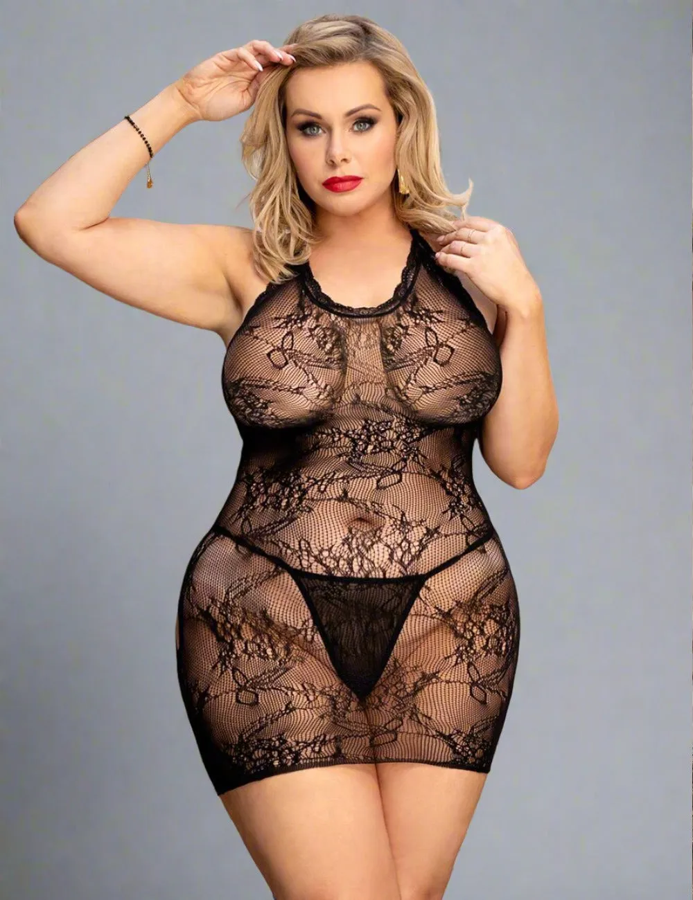 Heart Bodystocking - Mesh Backless Mini Chemise Bodystocking Dress