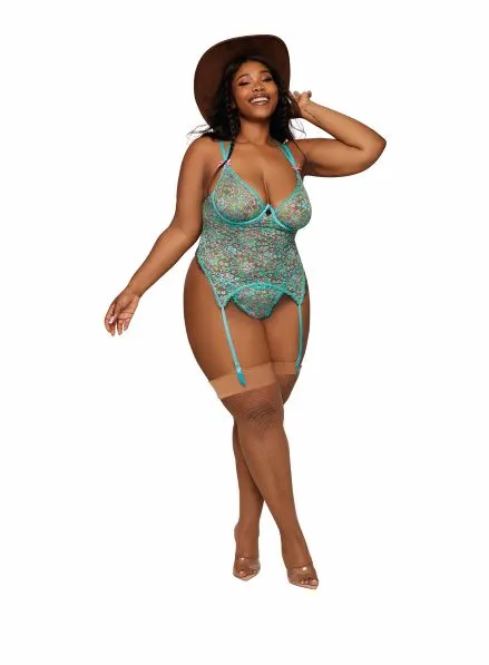 Hella Raw Ditsy Floral Printed Lace Bustier & G-string Set Ocean Q/s