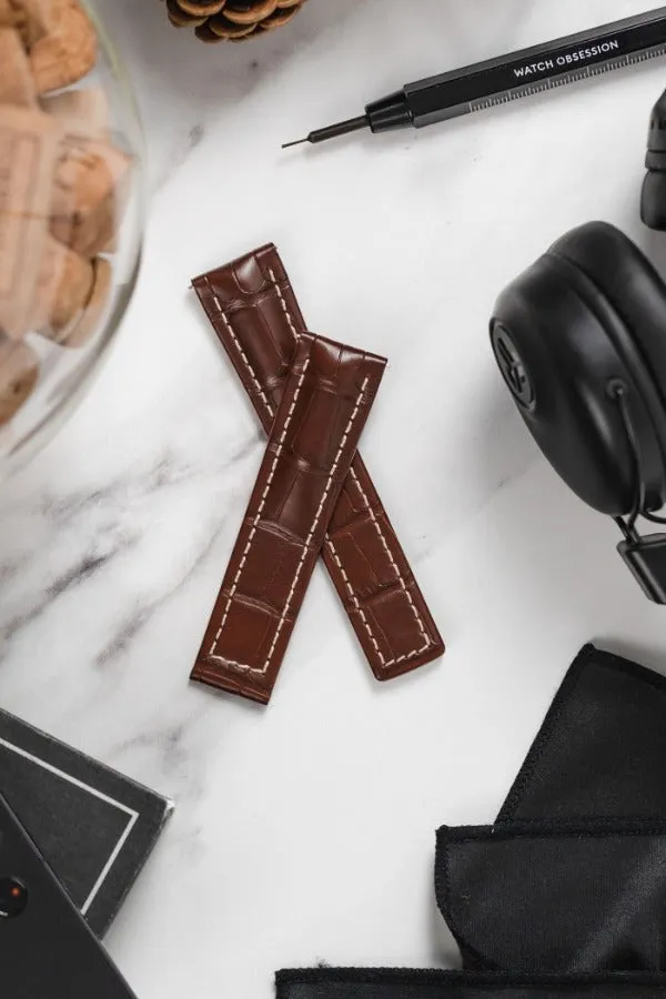 Hirsch NAVIGATOR Alligator Deployment Watch Strap in BROWN