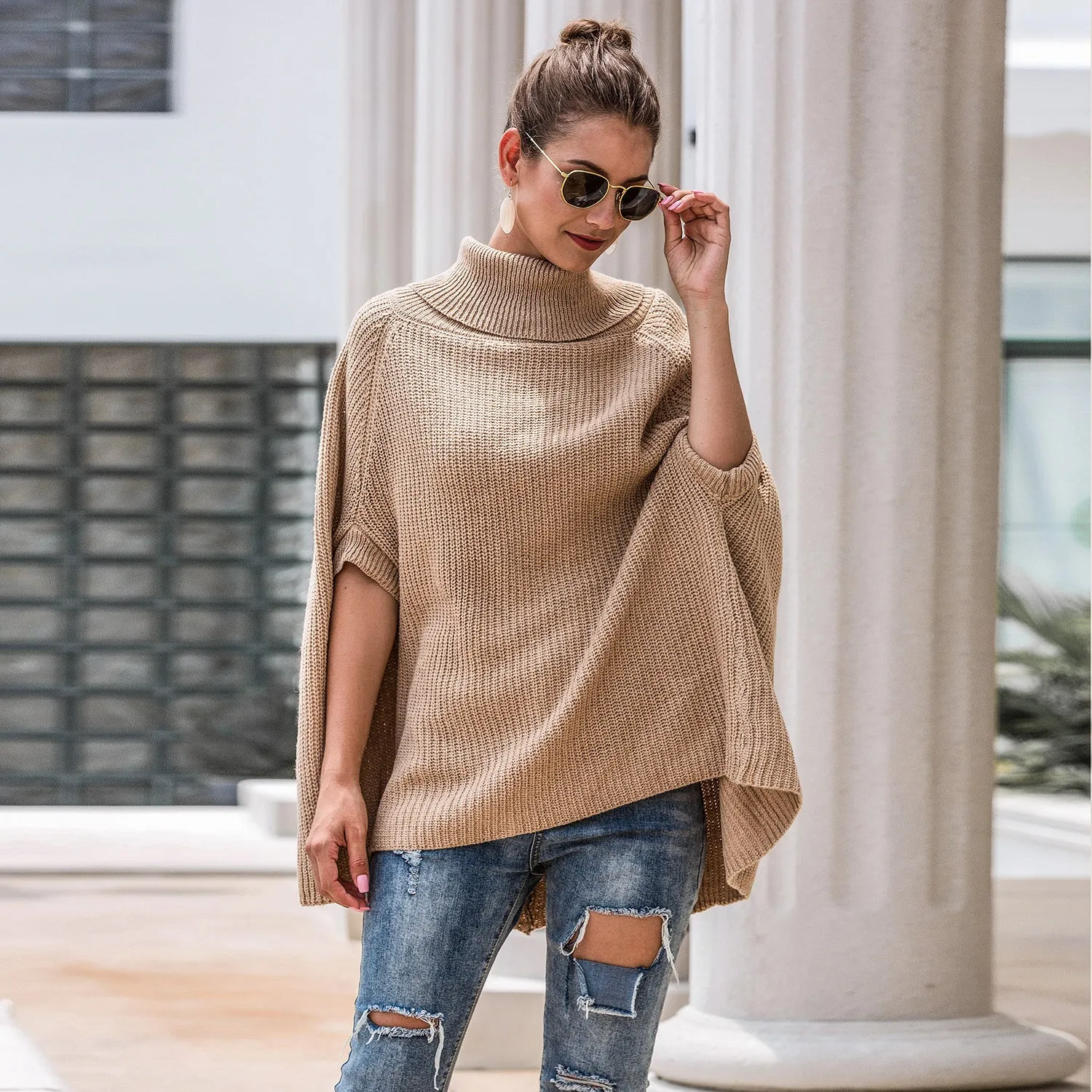 Hollow-out High-collared Capes Sweaters Outerwear