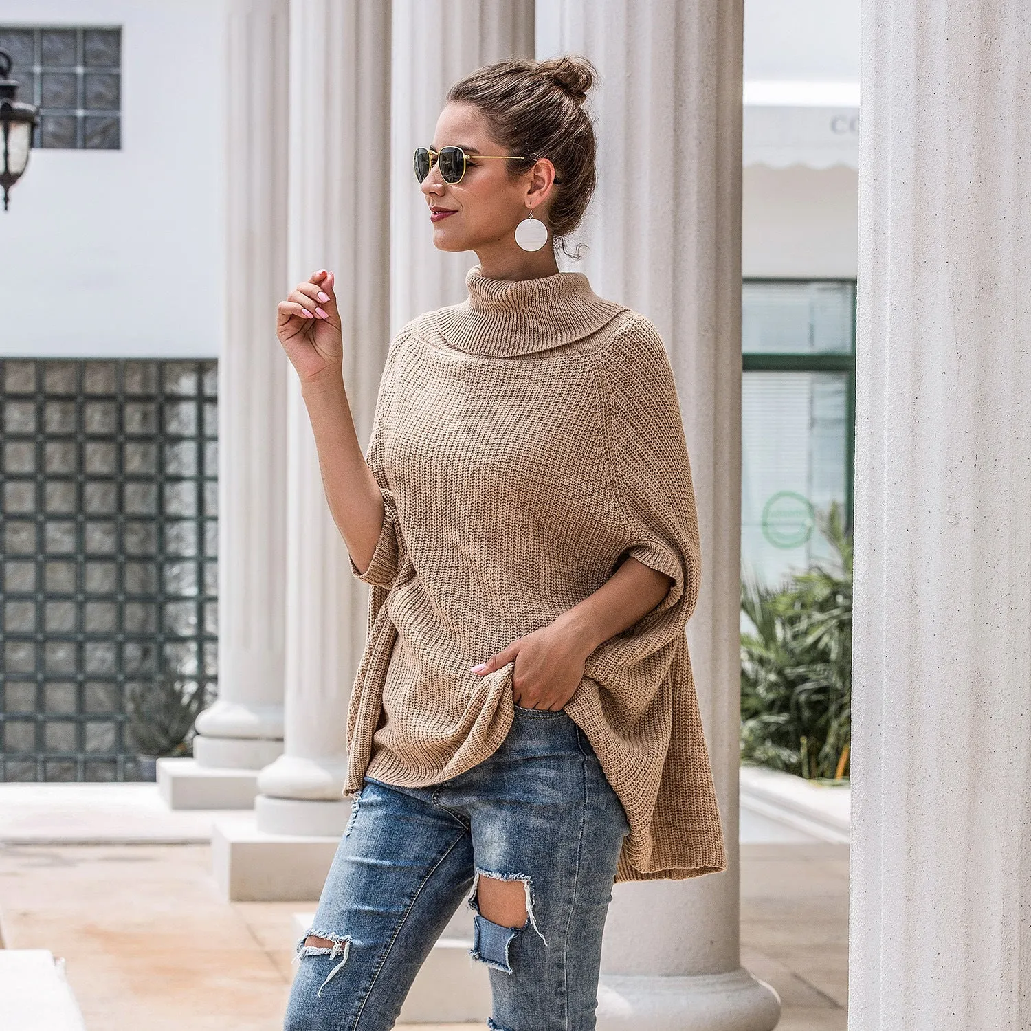 Hollow-out High-collared Capes Sweaters Outerwear