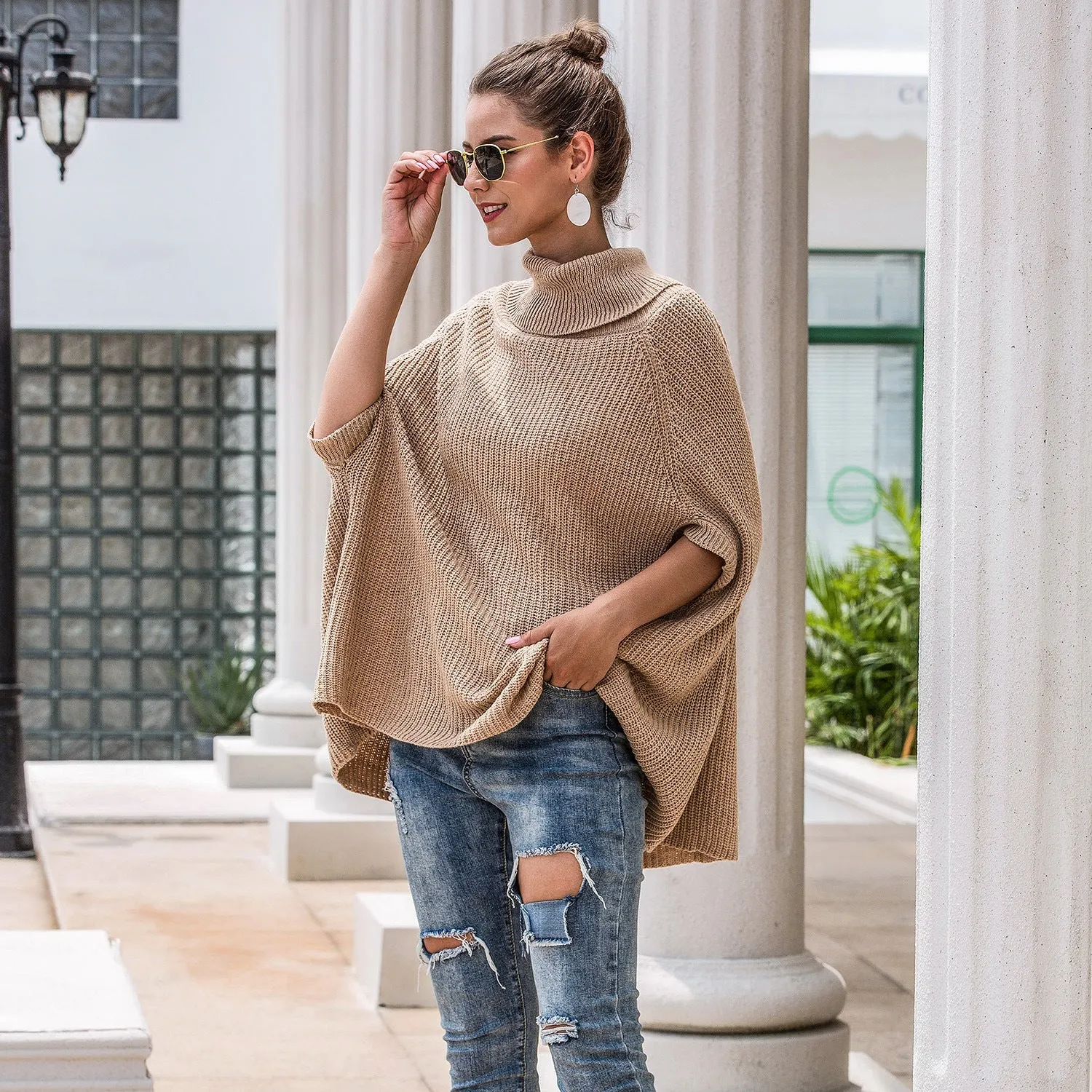 Hollow-out High-collared Capes Sweaters Outerwear