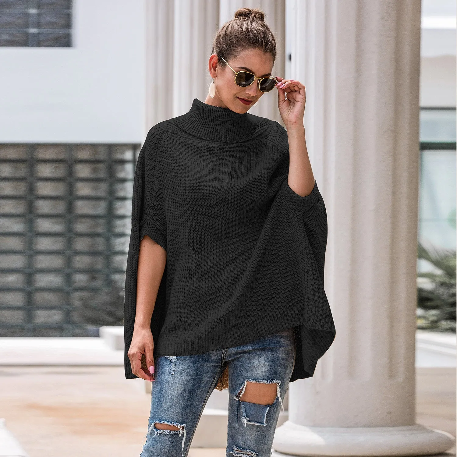 Hollow-out High-collared Capes Sweaters Outerwear