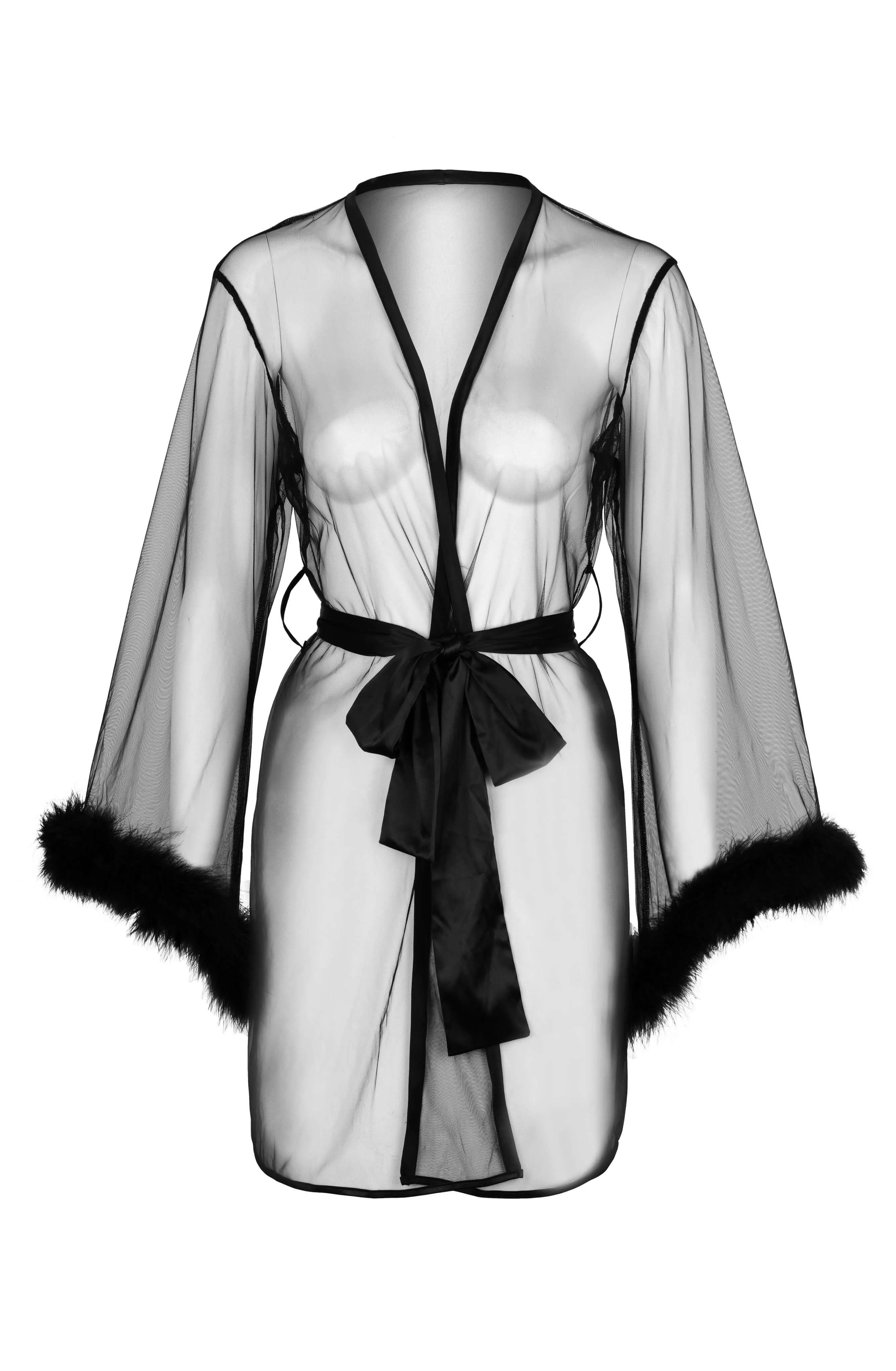 Honey Bunny Black Sheer Kimono Robe With Marabou Feather Trim