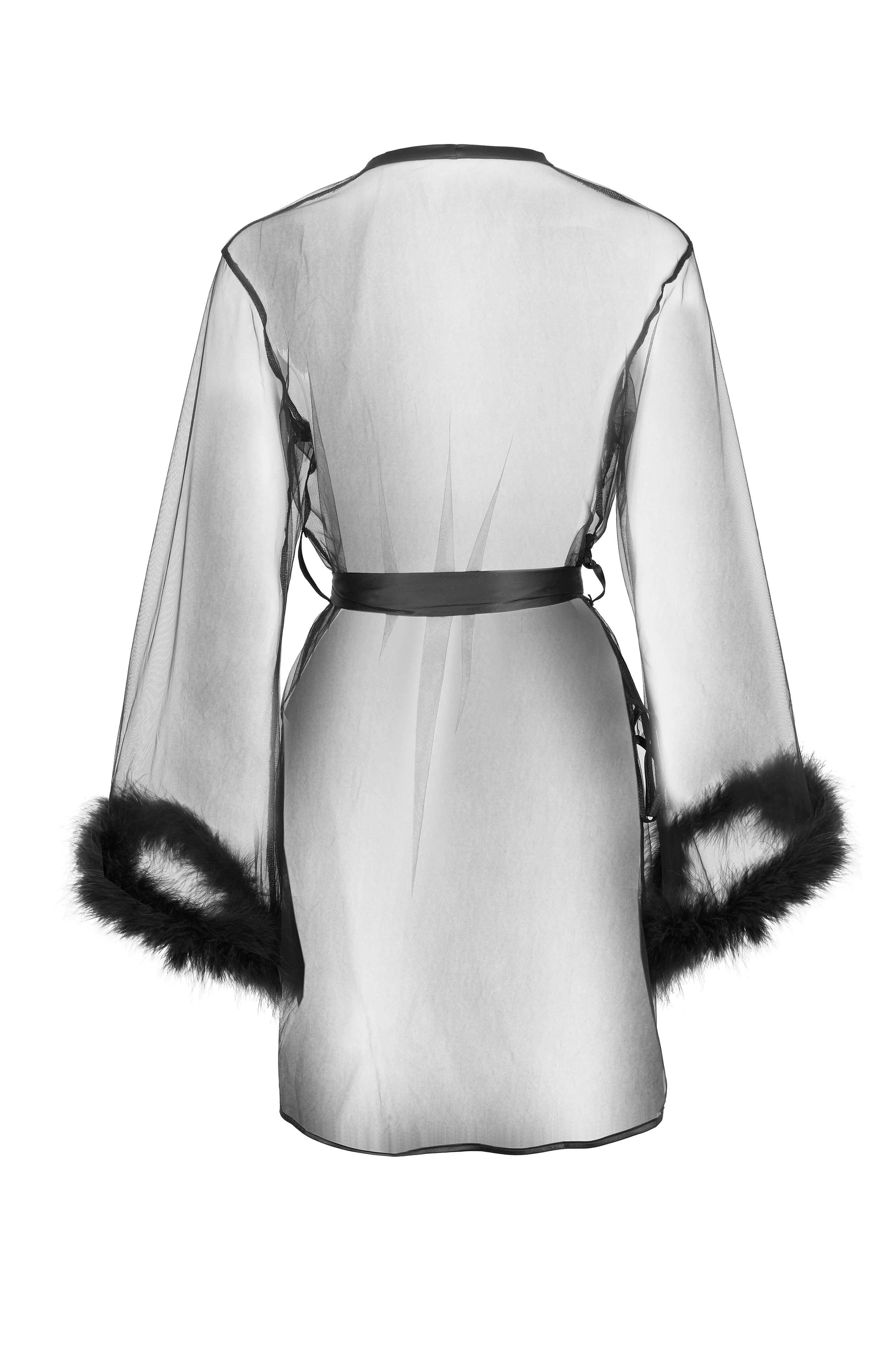 Honey Bunny Black Sheer Kimono Robe With Marabou Feather Trim