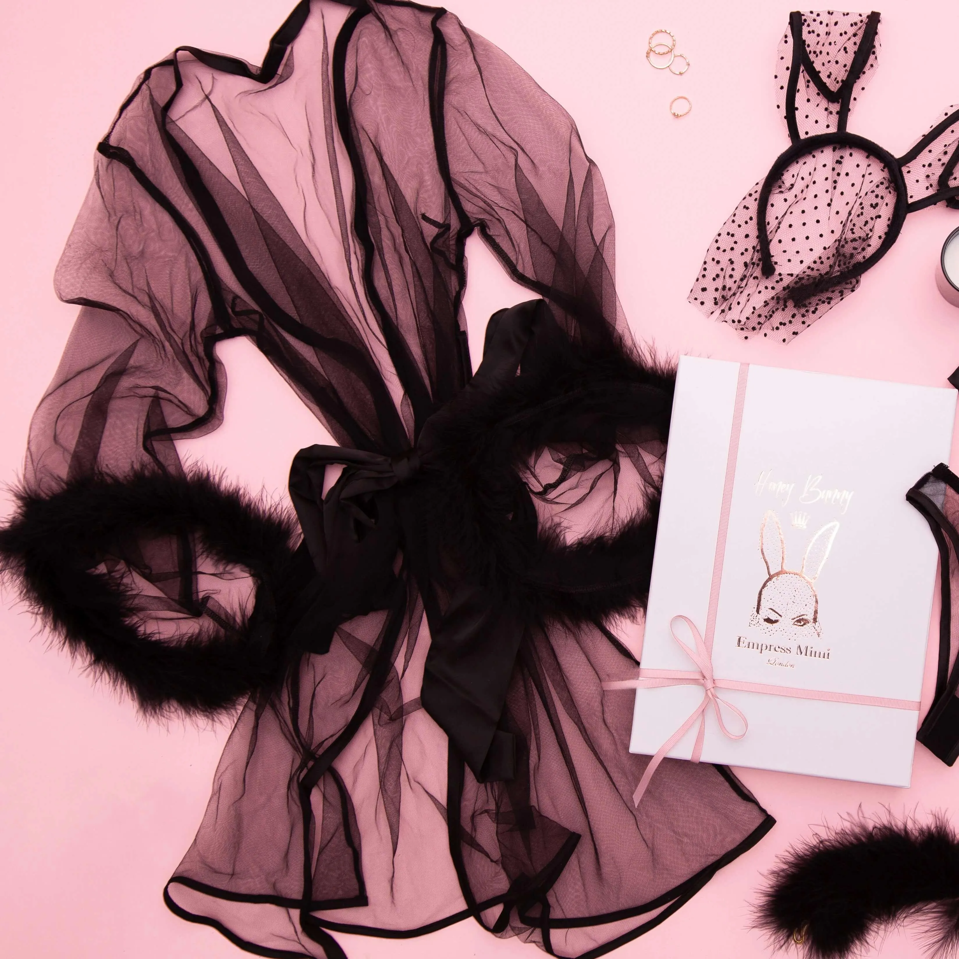 Honey Bunny Black Sheer Kimono Robe With Marabou Feather Trim