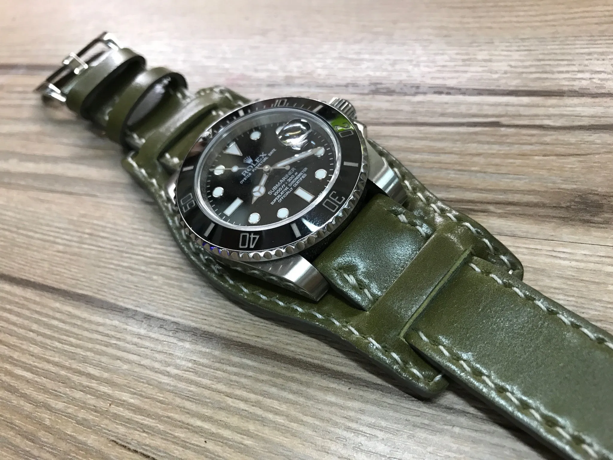 Horween Shell Cordovan Leather cuff watch Band for Rolex Watches (Army Green) - 20mm/20mm