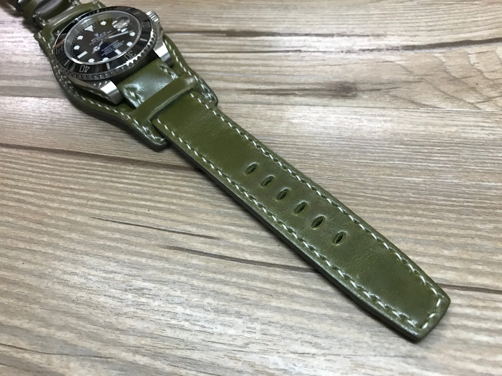 Horween Shell Cordovan Leather cuff watch Band for Rolex Watches (Army Green) - 20mm/20mm