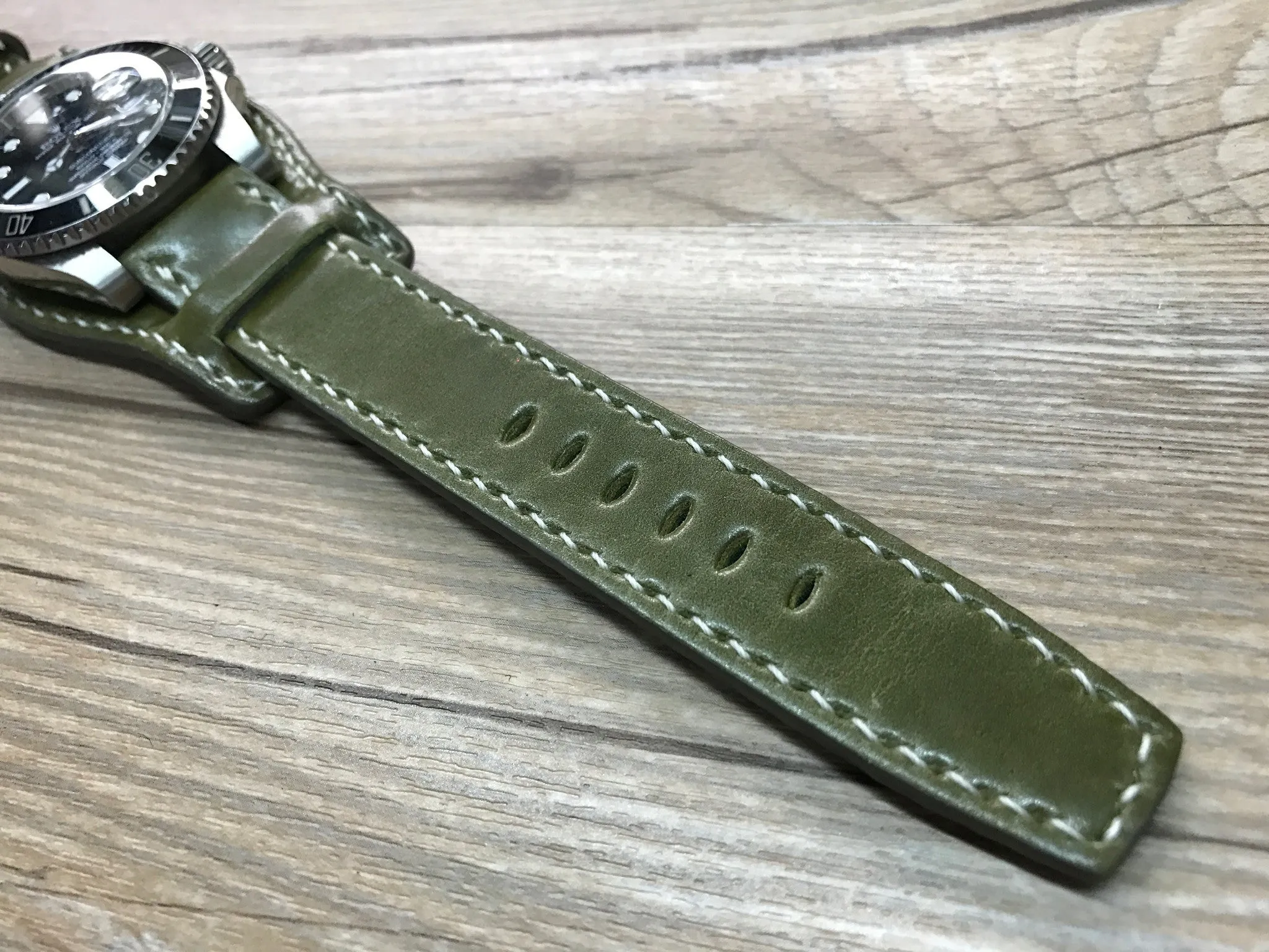 Horween Shell Cordovan Leather cuff watch Band for Rolex Watches (Army Green) - 20mm/20mm
