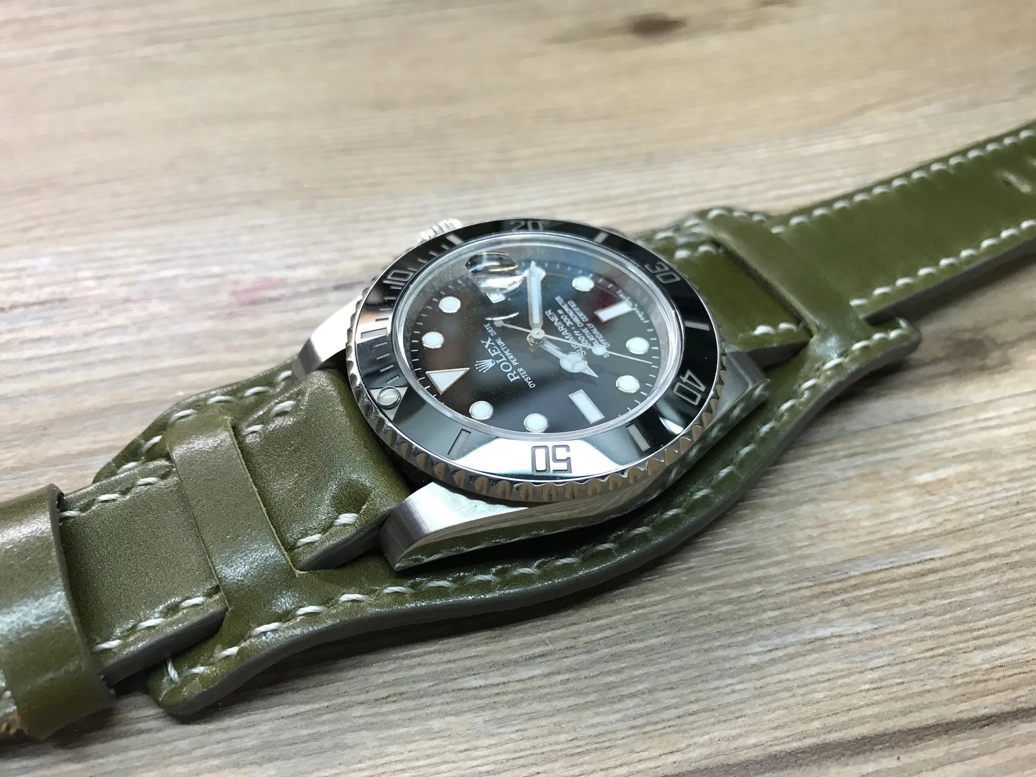 Horween Shell Cordovan Leather cuff watch Band for Rolex Watches (Army Green) - 20mm/20mm