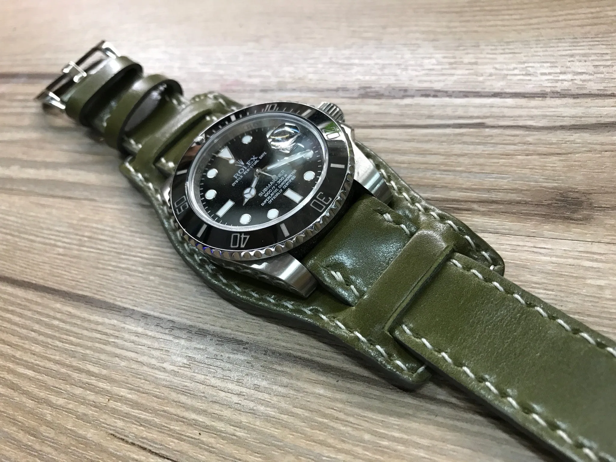 Horween Shell Cordovan Leather cuff watch Band for Rolex Watches (Army Green) - 20mm/20mm