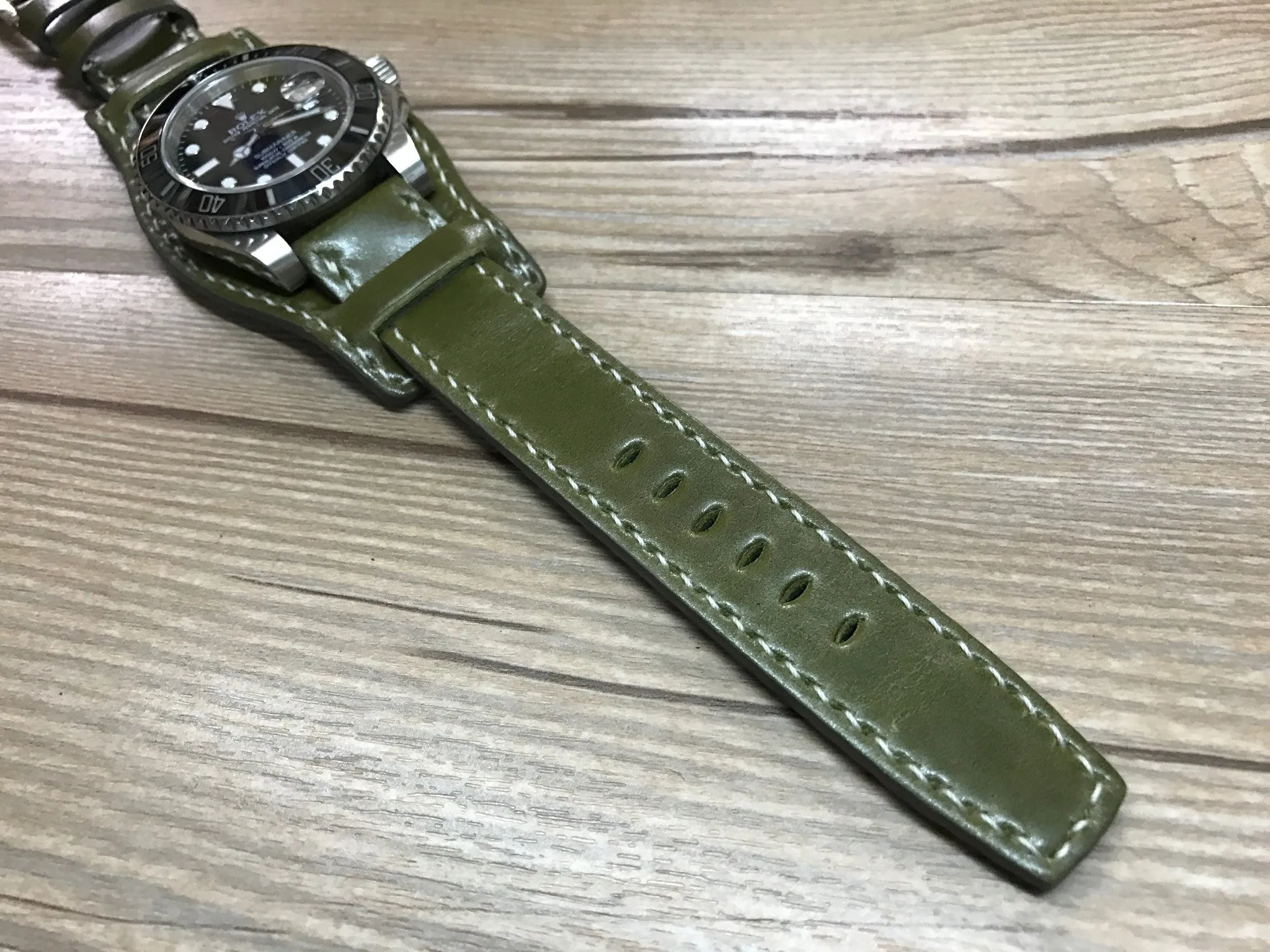 Horween Shell Cordovan Leather cuff watch Band for Rolex Watches (Army Green) - 20mm/20mm