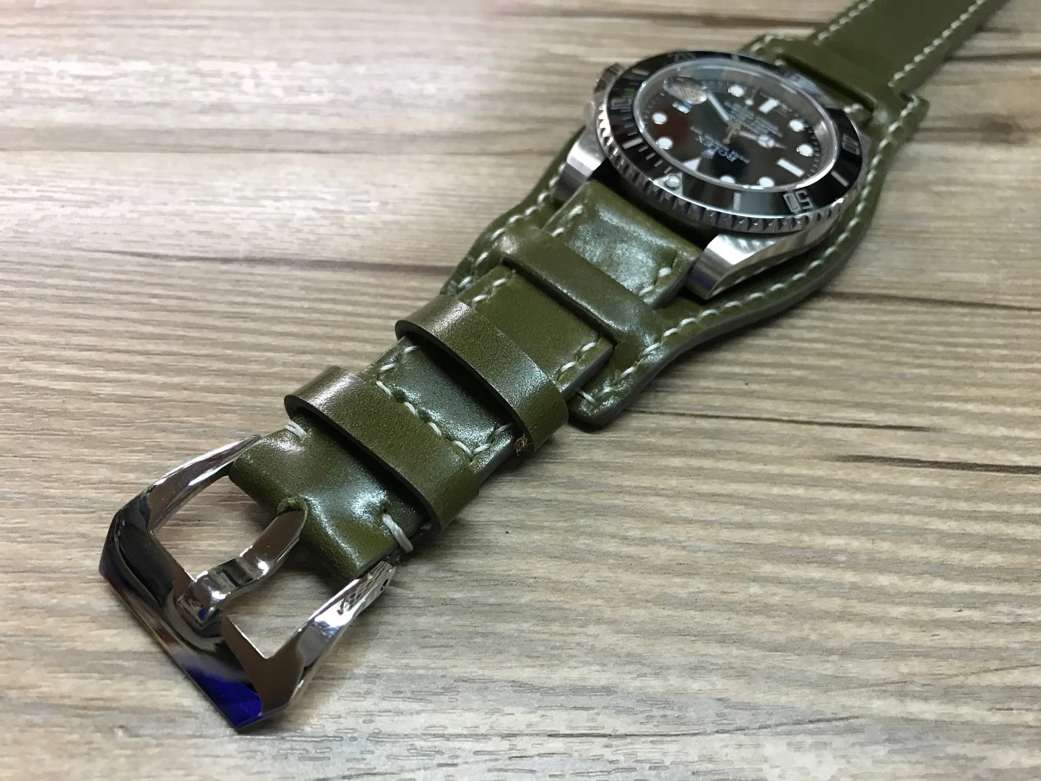 Horween Shell Cordovan Leather cuff watch Band for Rolex Watches (Army Green) - 20mm/20mm