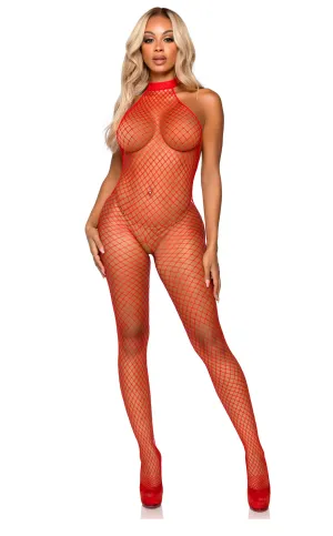 Industrial Net Racer Neck Backless Bodystocking -  One Size - Red