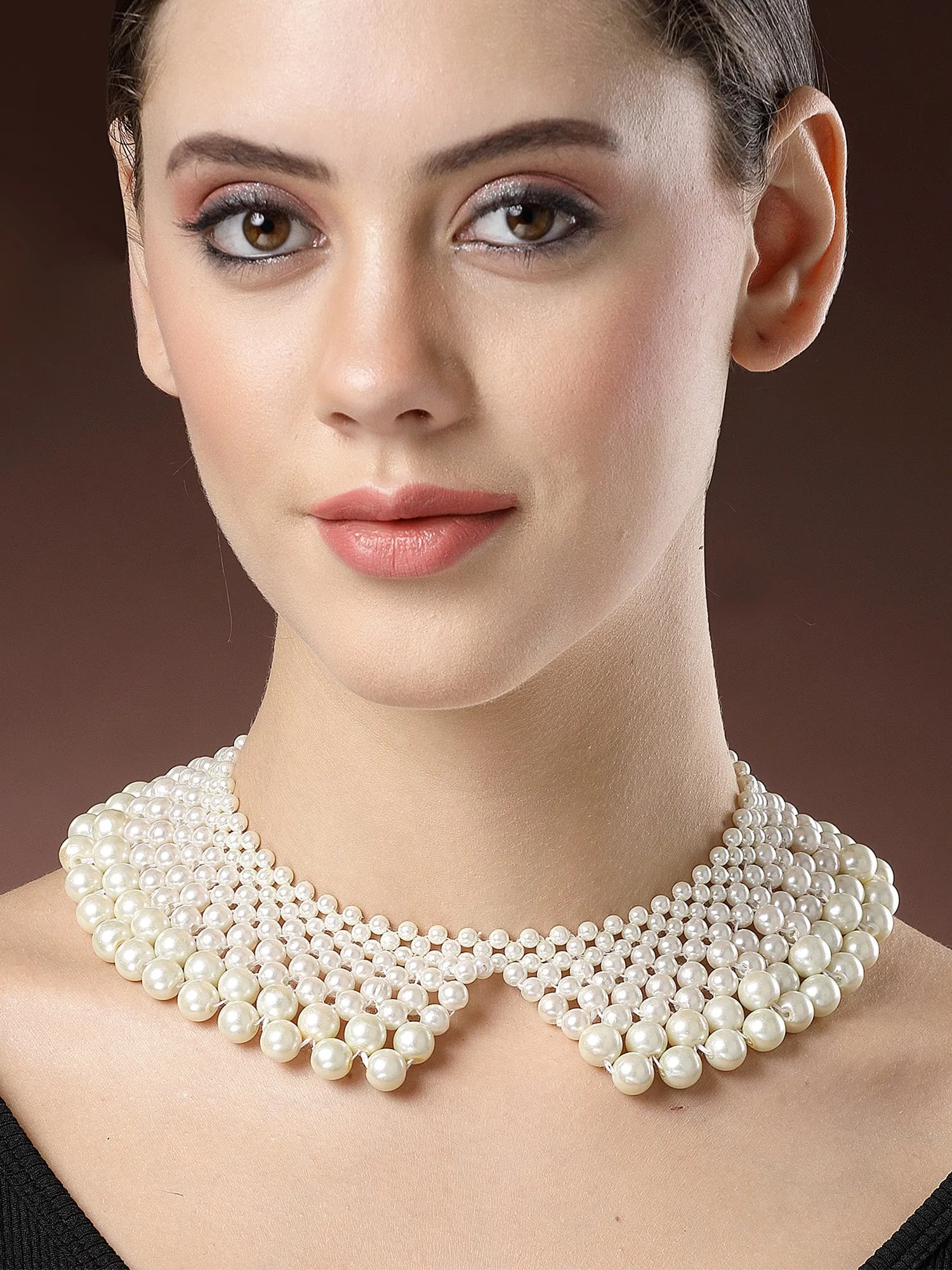 KARACART White Pearl Beaded Collar Necklace for Women