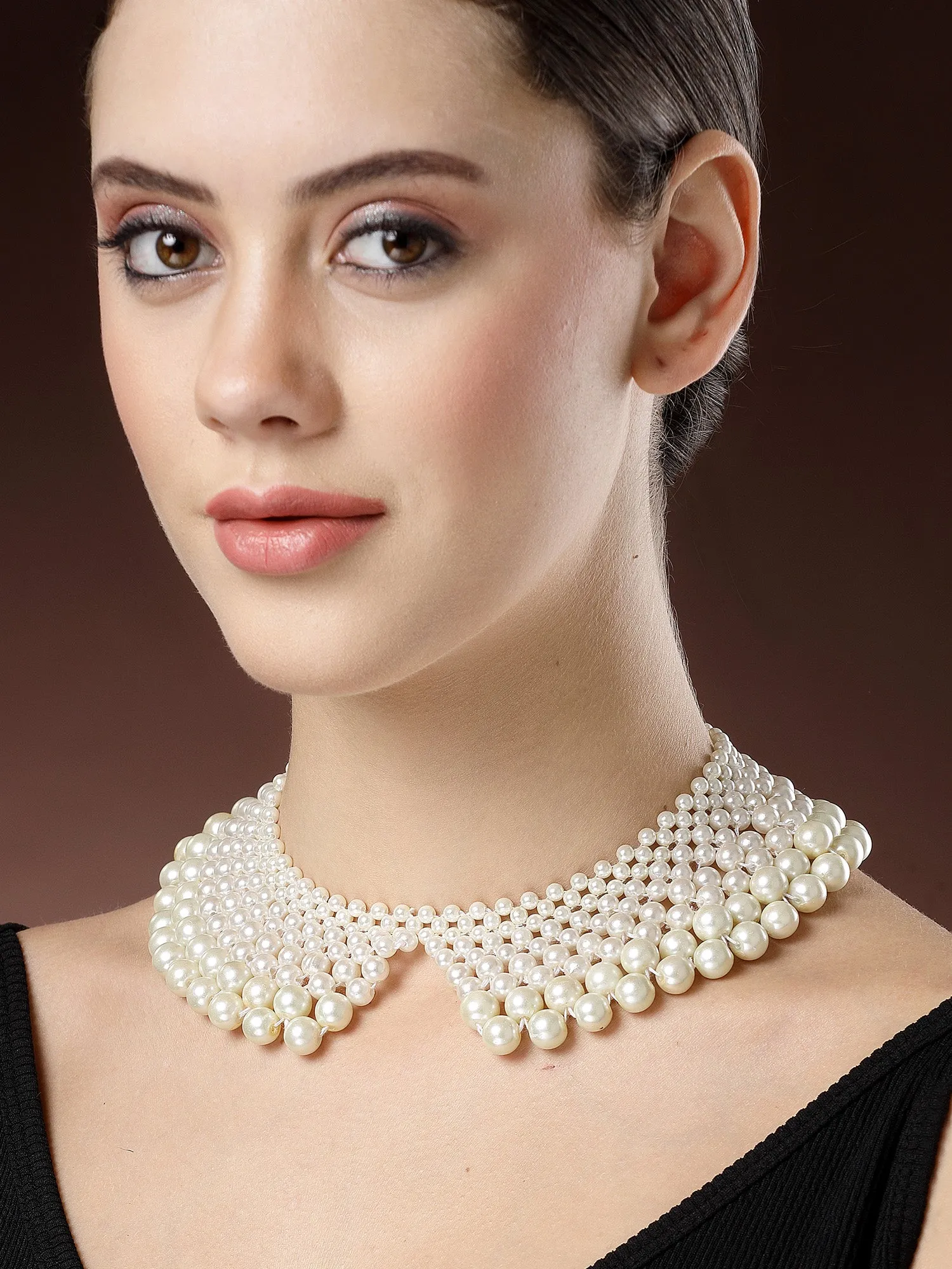 KARACART White Pearl Beaded Collar Necklace for Women