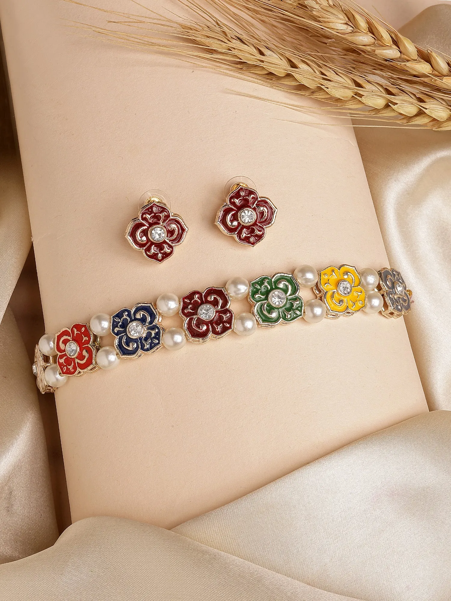 Karatcart Ethnic Multicolor Kundan Choker Necklace Set for Women