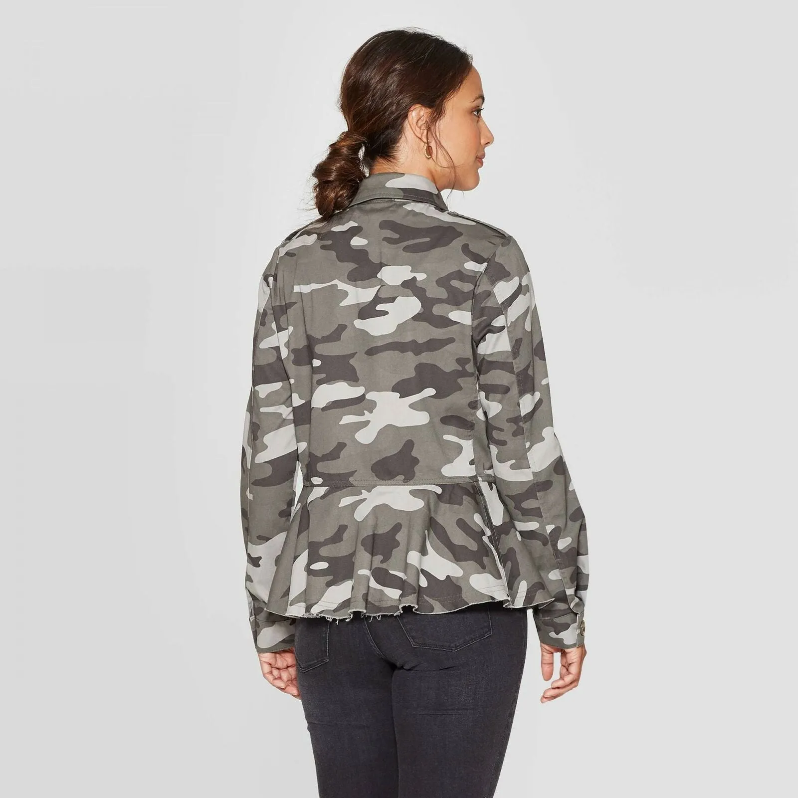 Knox Rose Women's Camo Print Long Sleeve Button Down Peplum Jacket