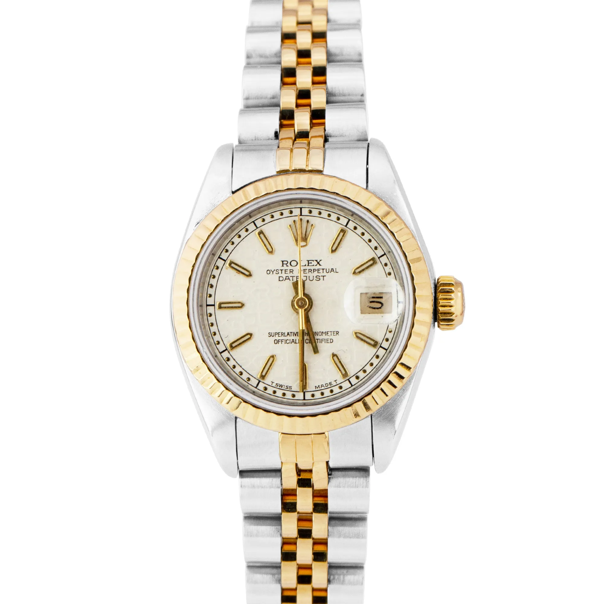 Ladies Rolex DateJust 26mm 18K Gold Stainless Two Tone White Jubilee Watch 69173