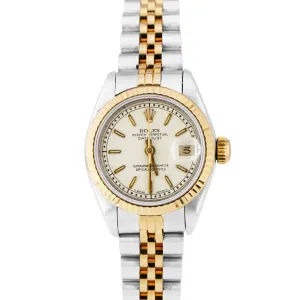 Ladies Rolex DateJust 26mm 18K Gold Stainless Two Tone White Jubilee Watch 69173