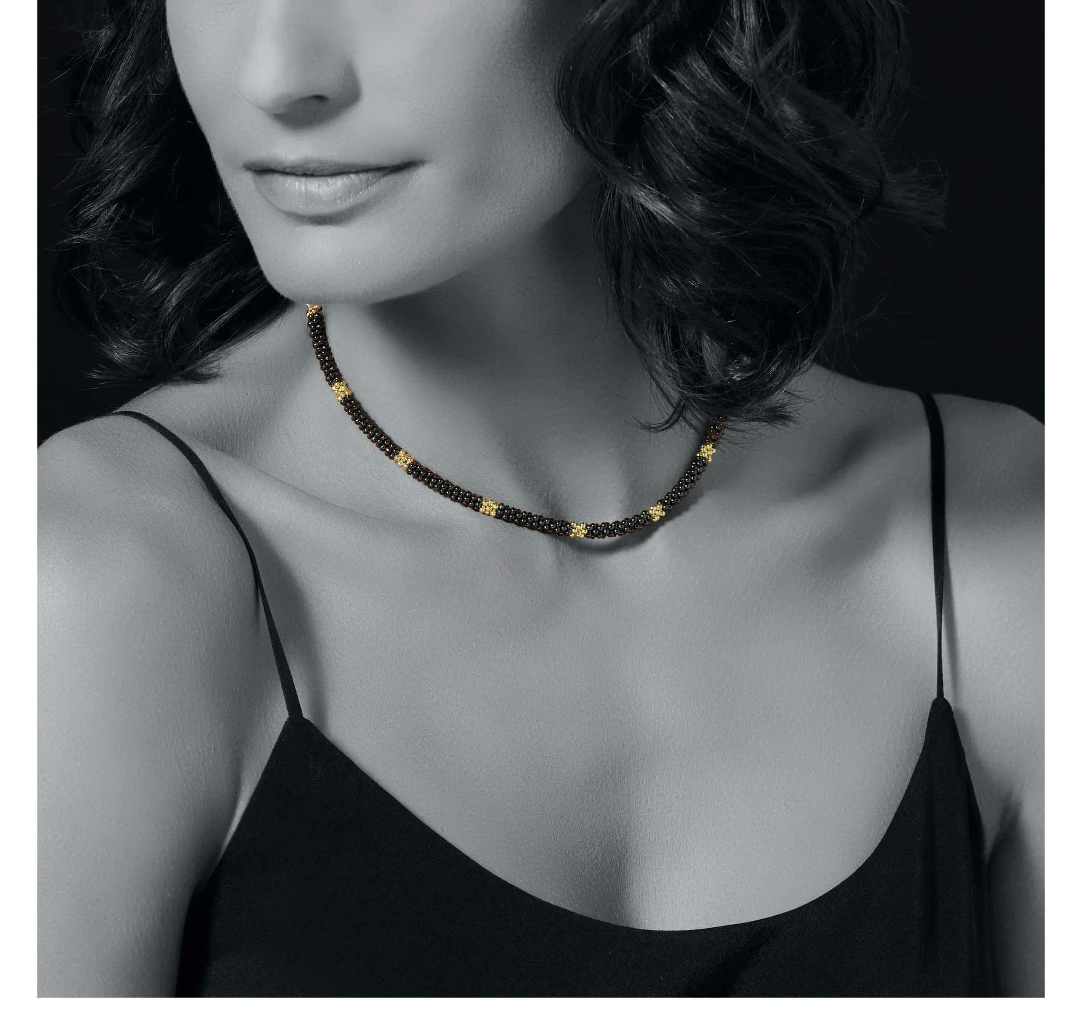 LAGOS Black Caviar 18K Gold Small Station Ceramic Beaded Necklace, 5mm