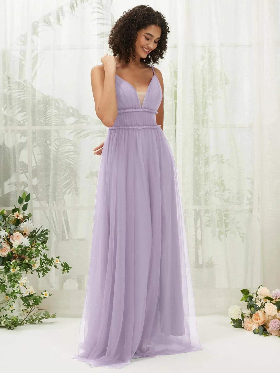 Light Dusty Purple Tulle Backless Pleated Pocket Floor Length Bridesmaid Dresses