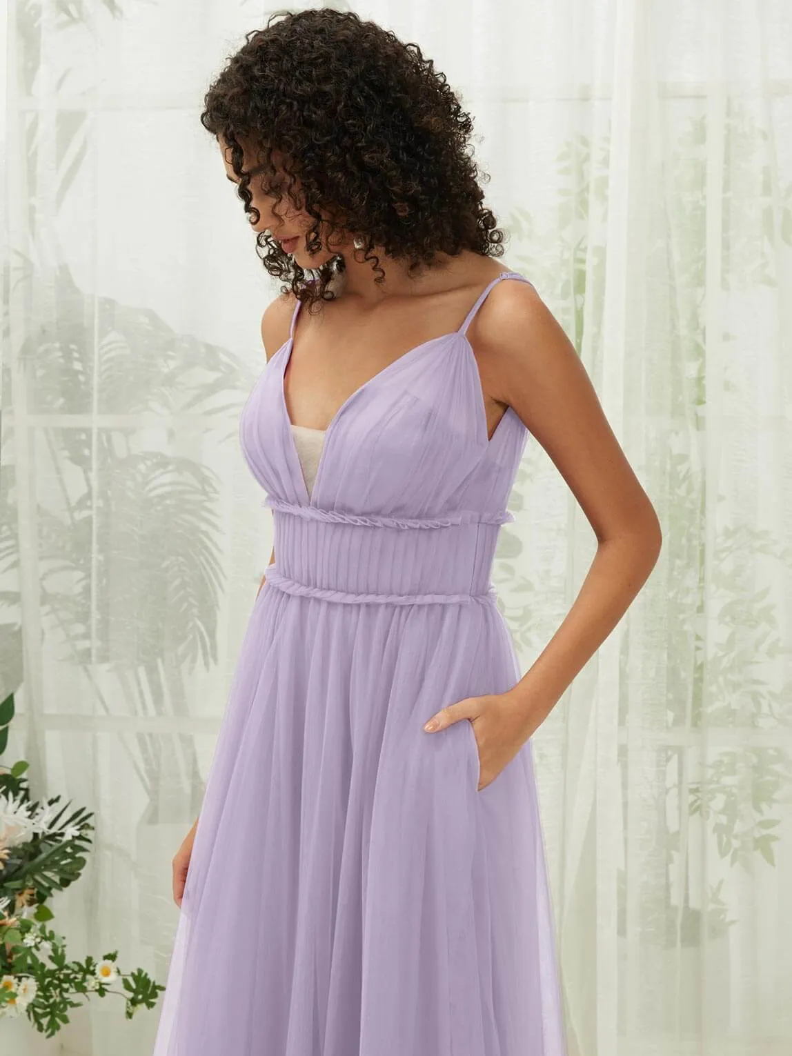 Light Dusty Purple Tulle Backless Pleated Pocket Floor Length Bridesmaid Dresses