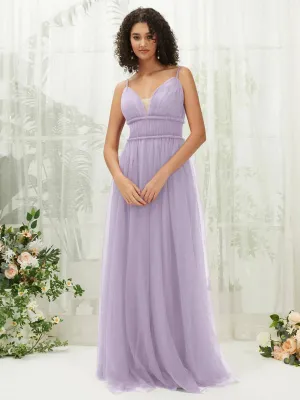 Light Dusty Purple Tulle Backless Pleated Pocket Floor Length Bridesmaid Dresses