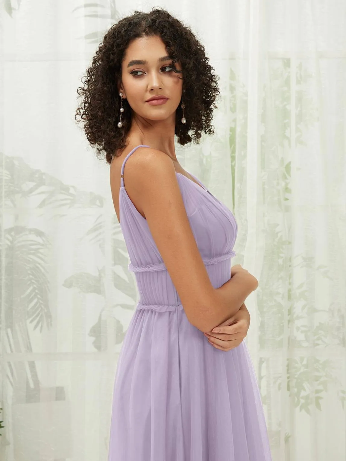 Light Dusty Purple Tulle Backless Pleated Pocket Floor Length Bridesmaid Dresses