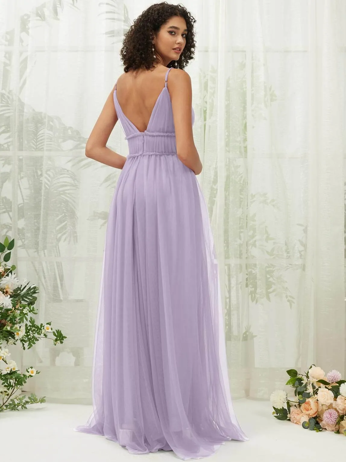 Light Dusty Purple Tulle Backless Pleated Pocket Floor Length Bridesmaid Dresses