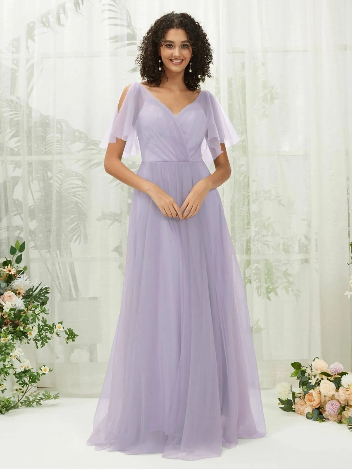 Light Dusty Purple Tulle Sweetheart Ruffle Sleeve Pocket Maxi Bridesmaid Dress