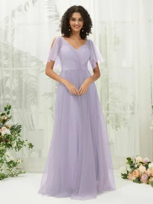 Light Dusty Purple Tulle Sweetheart Ruffle Sleeve Pocket Maxi Bridesmaid Dress