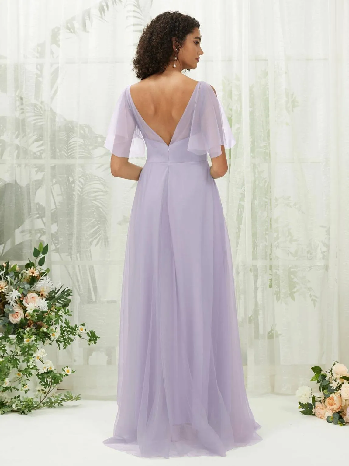 Light Dusty Purple Tulle Sweetheart Ruffle Sleeve Pocket Maxi Bridesmaid Dress