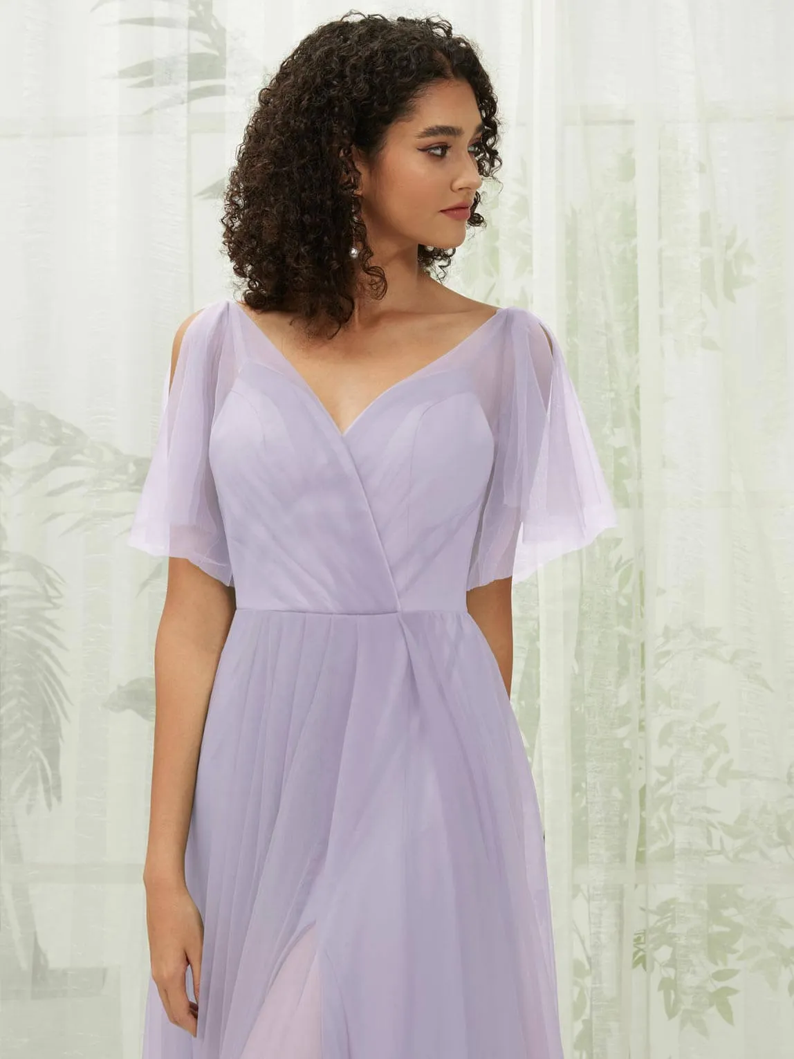 Light Dusty Purple Tulle Sweetheart Ruffle Sleeve Pocket Maxi Bridesmaid Dress